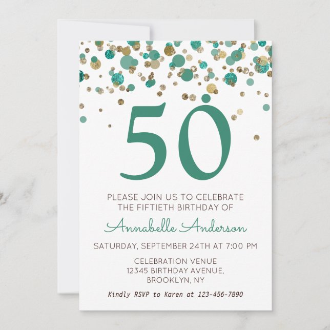 Invitation 50e anniversaire Turquoise Parties scintillant or  (Devant)