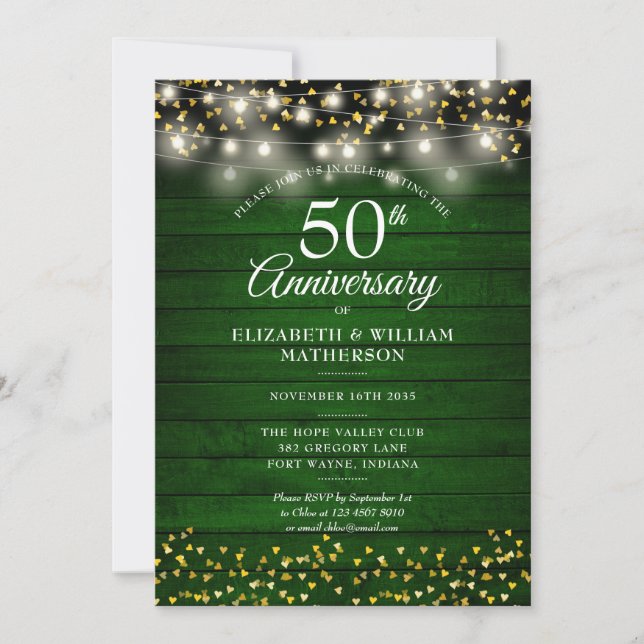 Invitation 50e Anniversaire Vert Rustique Bois Coeurs d'or (Devant)