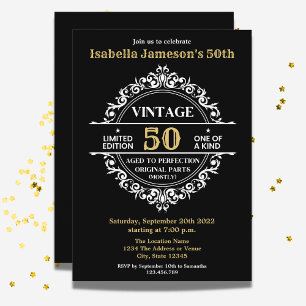 Invitation 50e Anniversaire Vintage Noir Blanc et Or