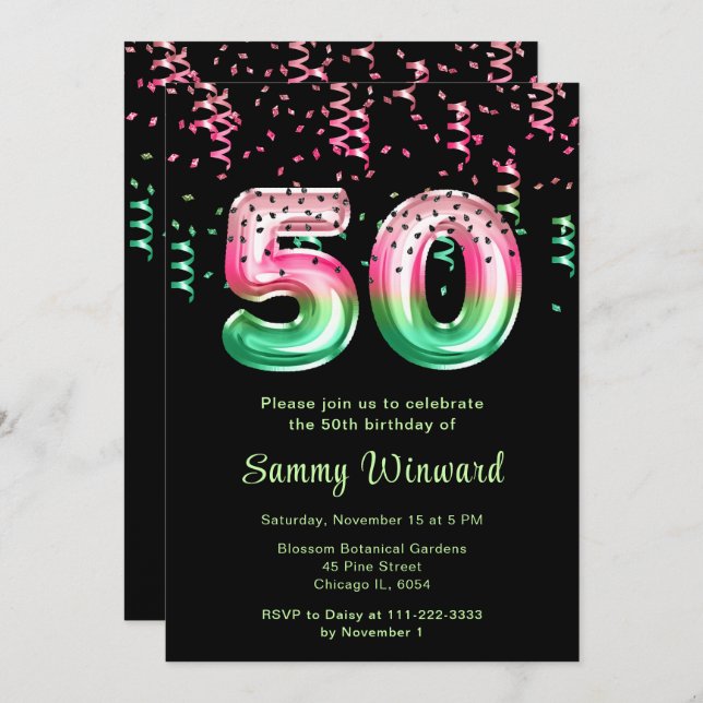 Invitation 50e anniversaire Watermelon Balloons avec Confetti (Devant / Derrière)