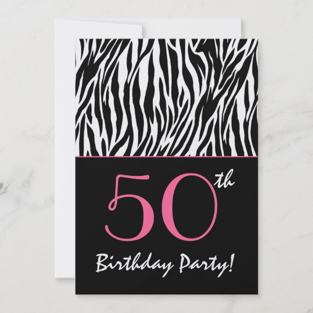 Invitation 50e anniversaire Zebra en noir blanc avec rose (Devant)