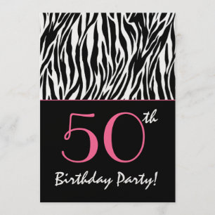 Invitation 50e anniversaire Zebra en noir blanc avec rose
