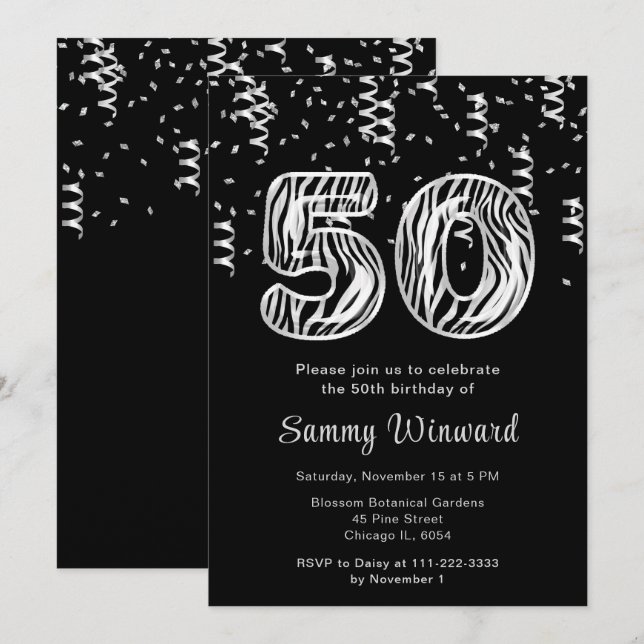Invitation 50e anniversaire Zebra Imprimer Ballons avec Confe (Devant / Derrière)