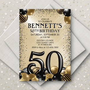 Invitation 50e Ballons Black Gold Anniversaire