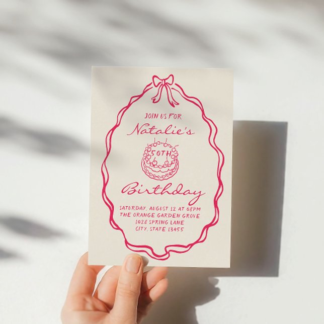 Invitation 50e Bow Hand Drawn Pink Coquette Cinquante Anniver (Créateur téléchargé)
