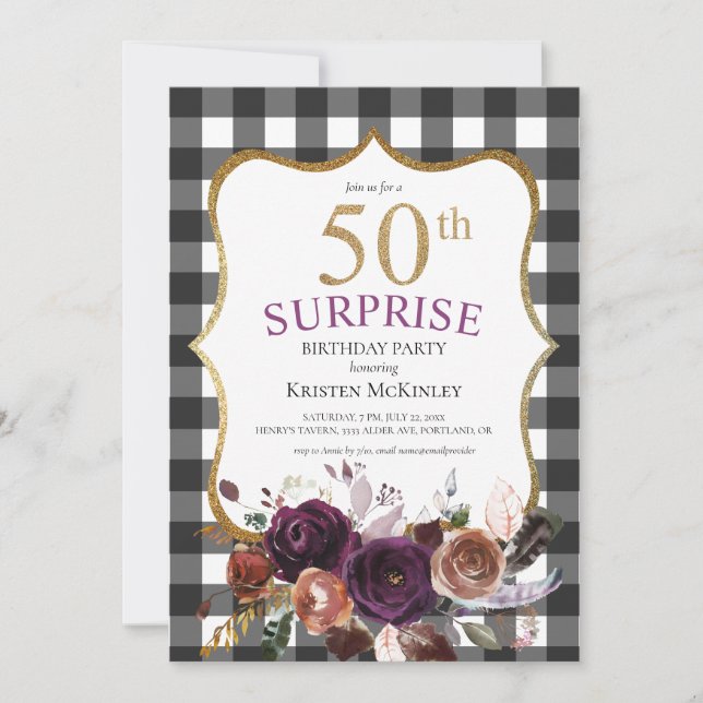 Invitation 50e Buffalo Plaid Purple Floral Parties scintillan (Devant)