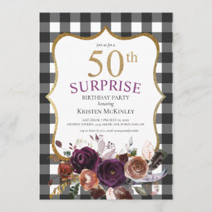 Invitation 50e Buffalo Plaid Purple Floral Parties scintillan