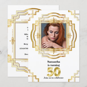 Invitation 50e cadre photo blanc or élégant cinquante chic