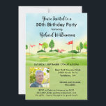 Invitation 50e Cinquantième anniversaire Hommes Photo Golf<br><div class="desc">Cette invitation festive et colorée 50e anniversaire a un thème Golf et il est parfait pour un Golfeur. Il dispose d'un panier de golf avec des clubs de golf sur un terrain de golf, Beaucoup à personnaliser pour rendre approprié pour votre propre événement ainsi qu'une photo. Nous avons tous les...</div>