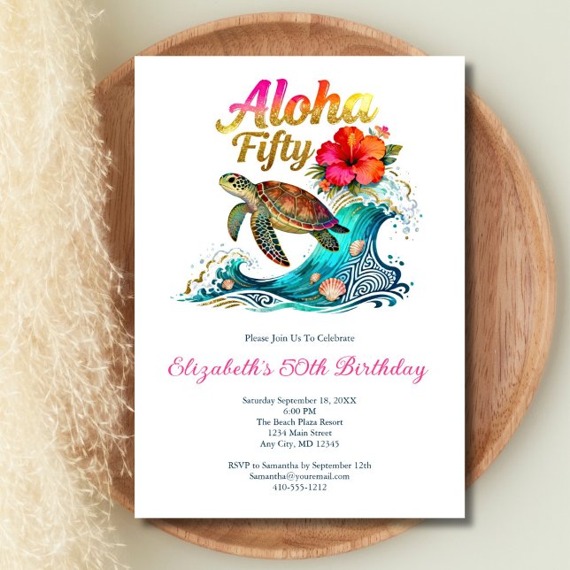 Invitation 50e Cinquantième Anniversaire Thème de la plage de (Topical Ocean Beach Theme 50th Birthday party invitation. Aloha 50. Digital download or printed)
