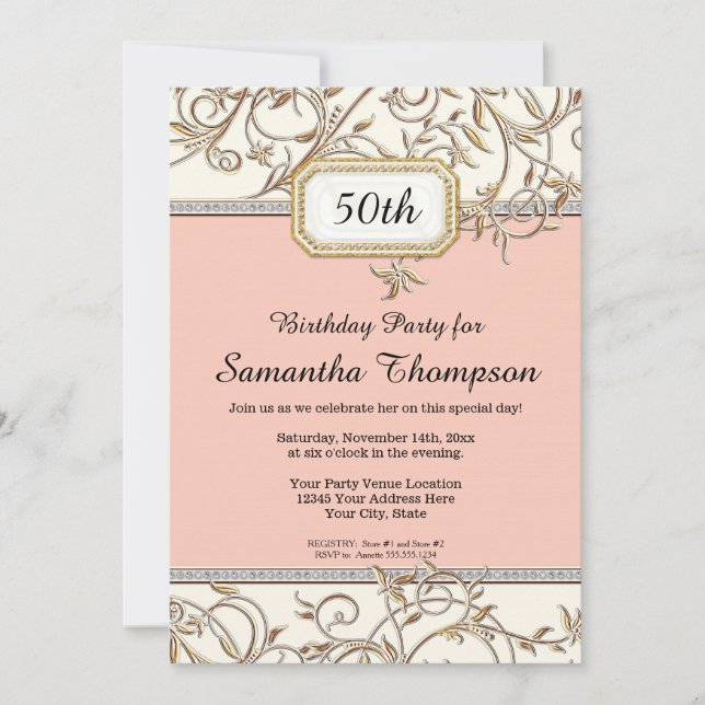 Invitation 50e Cinquantième Glam Gold Pink Art Nouveau Annive (Devant)