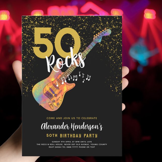 Invitation 50e fête d'anniversaire 50 Rocks Parties scintilla (50th birthday black and gold glitter 50 Rocks party invitation with funky psychedelic guitar music)