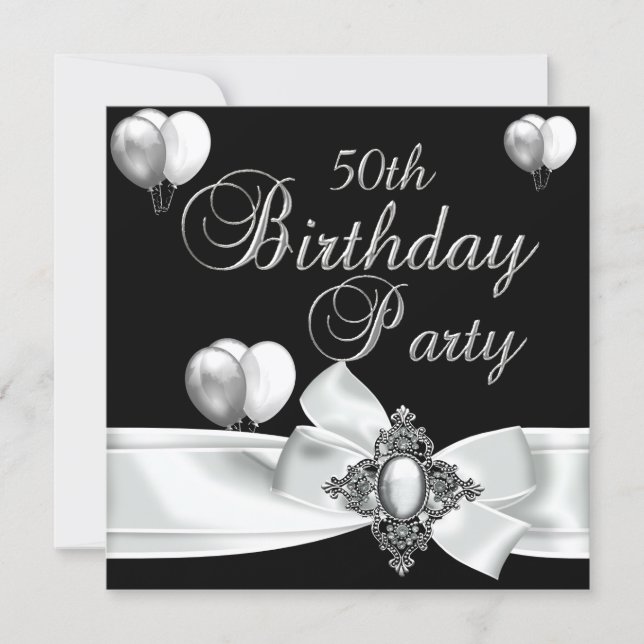 Invitation 50e fête d'anniversaire Ballons d'argent noir blan (Devant)