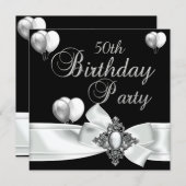 Invitation 50e fête d'anniversaire Ballons d'argent noir blan (Devant / Derrière)