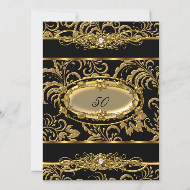 Invitation 50e fête d'anniversaire Black Gold Damask Floral (Devant)