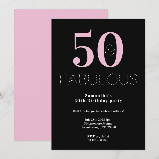 Invitation 50e fête d'anniversaire Black Pink Modern Party (Devant / Derrière)
