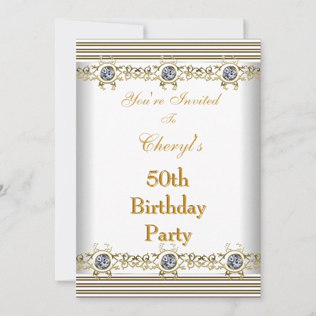 Invitation 50e fête d'anniversaire Blanc Argent Or (Devant)