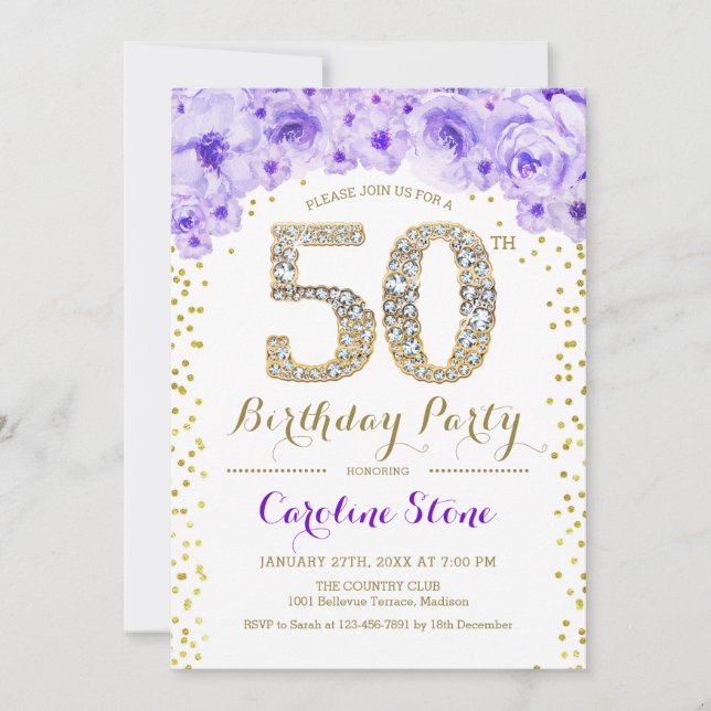 Invitation 50e fête d'anniversaire - Blanc or violet (Devant)
