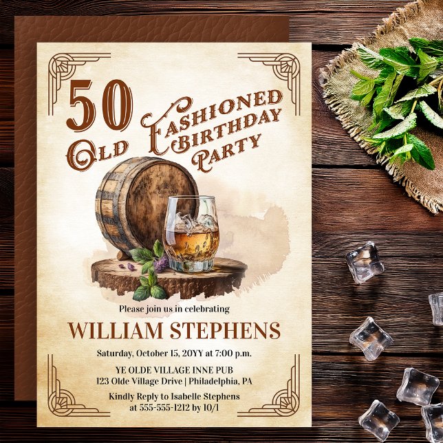 Invitation 50e fête d'anniversaire du tonneau de whisky à l'a (Old Fashioned 50th Birthday Party Whiskey Barrel Theme Invitation)