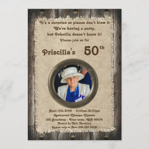 Invitation 50e, Fête d'anniversaire femme, tout âge, bois, ru