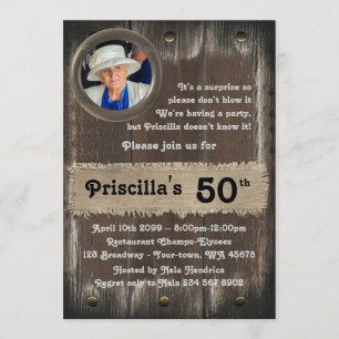 Invitation 50e, Fête d'anniversaire femme, tout âge, bois, ru