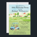 Invitation 50e fête d'anniversaire Fête de Golf pour hommes<br><div class="desc">Cette invitation festive et colorée à la fête d'anniversaire a un thème de golf et il est parfait pour un Golfeur. Il dispose d'un panier de golf avec des clubs de golf sur un terrain de golf, Beaucoup à personnaliser pour rendre approprié pour votre propre événement ainsi qu'une photo. Nous...</div>
