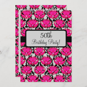 Invitation 50e fête d'anniversaire Fuchsia rose noir Damask