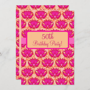 Invitation 50e fête d'anniversaire Fuchsia rose orange Damask
