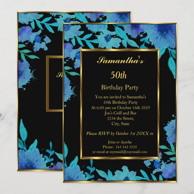 Invitation 50e fête d'anniversaire Gold Blue Flower Floral (Devant / Derrière)