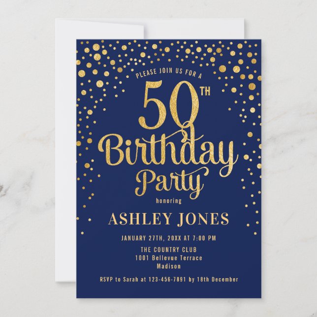 Invitation 50e fête d'anniversaire - Marine & Gold (Devant)