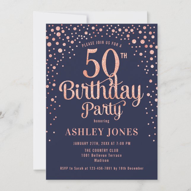 Invitation 50e fête d'anniversaire - Marine & Rose Gold (Devant)