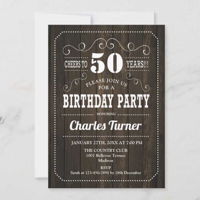 Invitation 50e fête d'anniversaire - Motif en bois Brown (Devant)