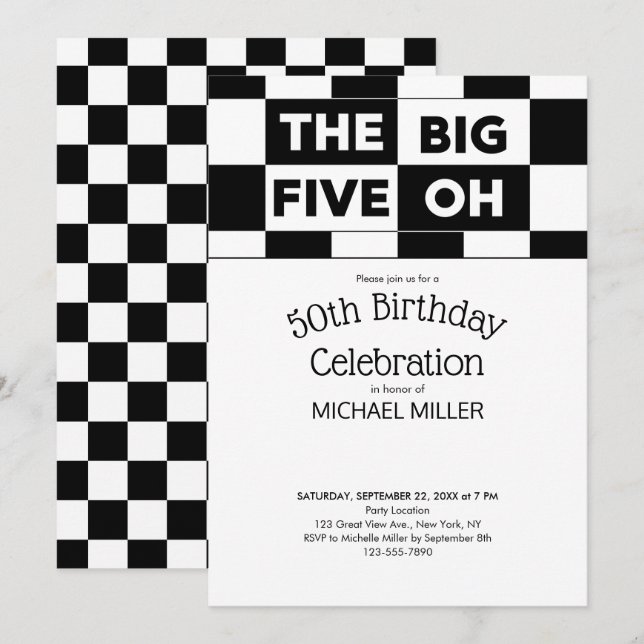 Invitation 50e fête d'anniversaire Noir Blanc À damiers Motif (Devant / Derrière)