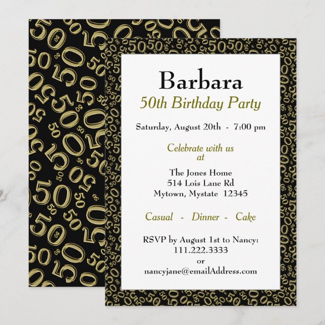 Invitation 50e fête d'anniversaire Noir/Motif de numéro d'or (Devant / Derrière)