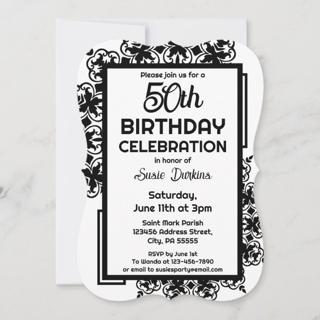 Invitation 50e fête d'anniversaire noire et blanche (Devant)