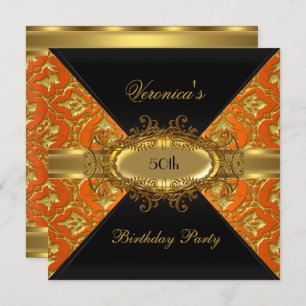 Invitation 50e fête d'anniversaire Orange Gold Black Damask