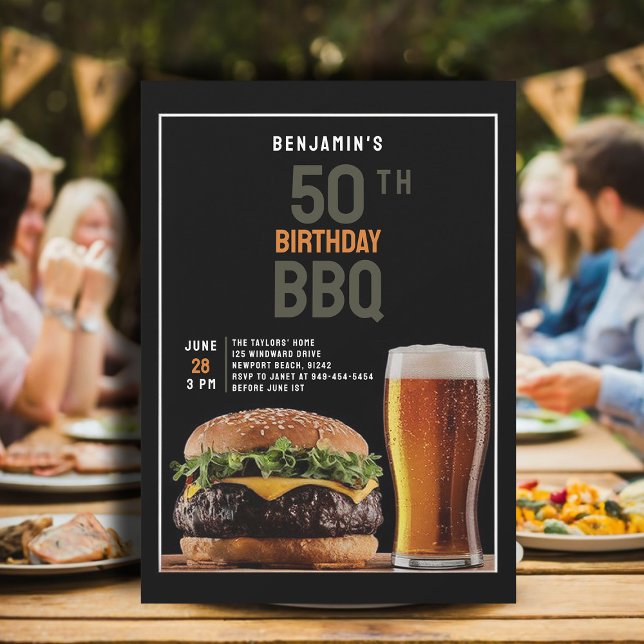 Invitation 50e fête d'anniversaire pour hommes Jardin barbecu (backyard bbq men 50th birthday invitation black orange burger beer elegant modern classy chic)
