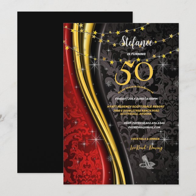 Invitation 50e fête d'anniversaire Red, Gold & Black Swirls (Devant / Derrière)