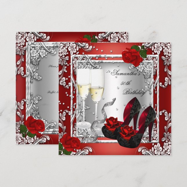 Invitation 50e fête d'anniversaire Red Rose Silver (Devant / Derrière)