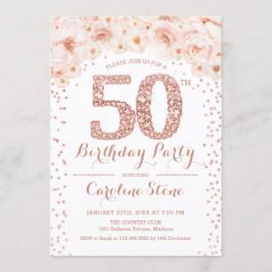 Invitation 50e fête d'anniversaire - Rose blanche or