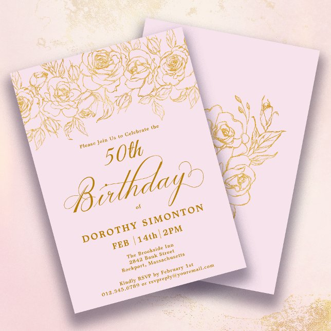Invitation 50e fête d'anniversaire Rose d'or Floral Blush ros (Créateur téléchargé)