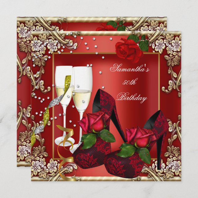 Invitation 50e fête d'anniversaire Rouge Rose or Floral (Devant / Derrière)