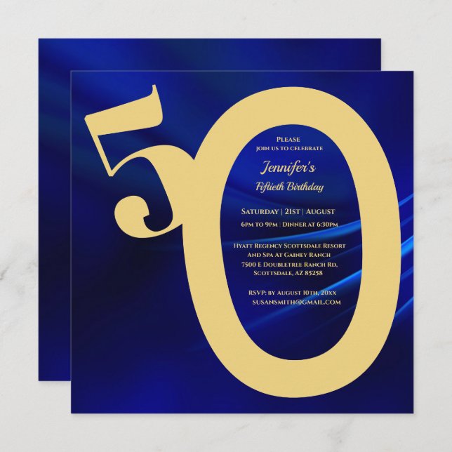 Invitation 50e fête d'anniversaire Royal Blue & Gold (Devant / Derrière)