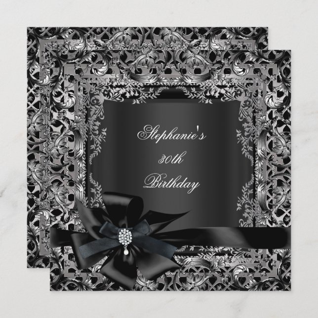 Invitation 50e fête d'anniversaire Silver Black Bow dentelle (Devant / Derrière)