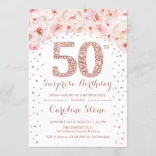Invitation 50e fête d'anniversaire surprise - Rose blanche or