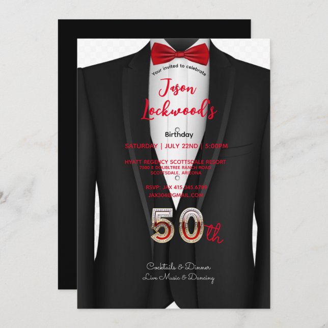 Invitation 50e fête d'anniversaire, tenue Tuxedo, Cravate noi (Devant / Derrière)