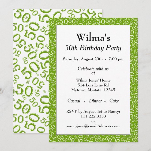 Invitation 50e fête d'anniversaire Vert/blanc Motif numérique (Devant / Derrière)
