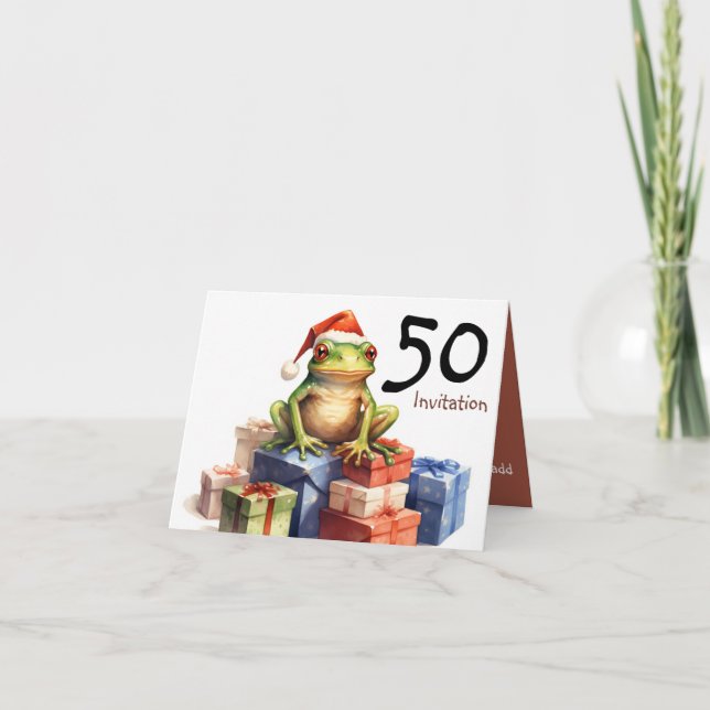 Invitation 50e Frog Holiday Anniversaire Cadeau enveloppé cad (Devant)
