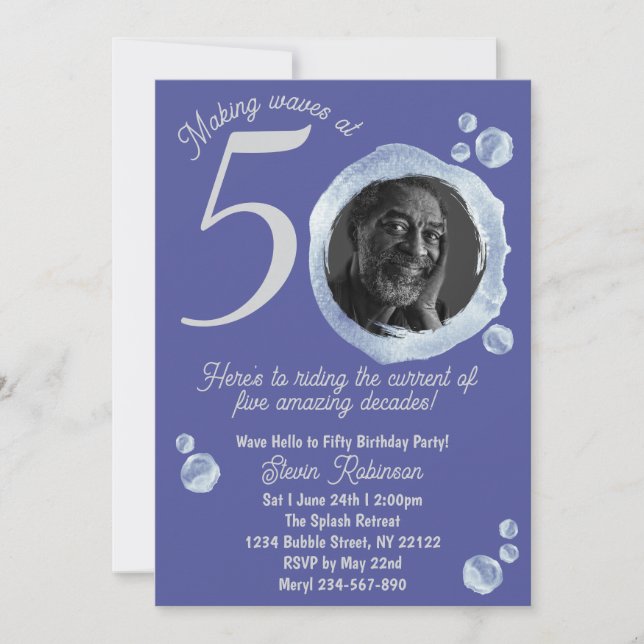 Invitation 50e Indigo Blue Bubbles Anniversaire Fête Invitati (Devant)