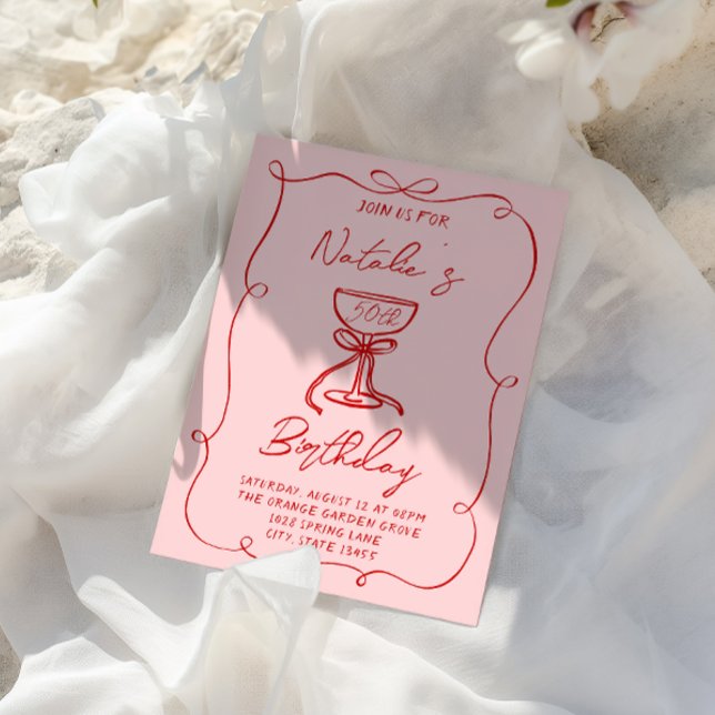 Invitation 50e Main tiré rouge Bow Martini Cinquante Annivers (Créateur téléchargé)